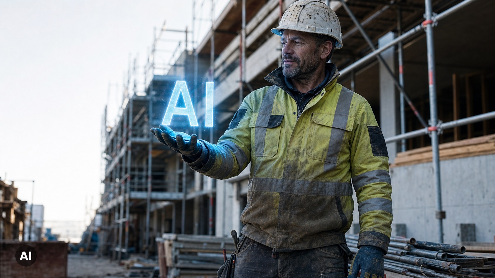 Construction worker wearing a hard hat holding his palm beneath glowing AI letters at a building site