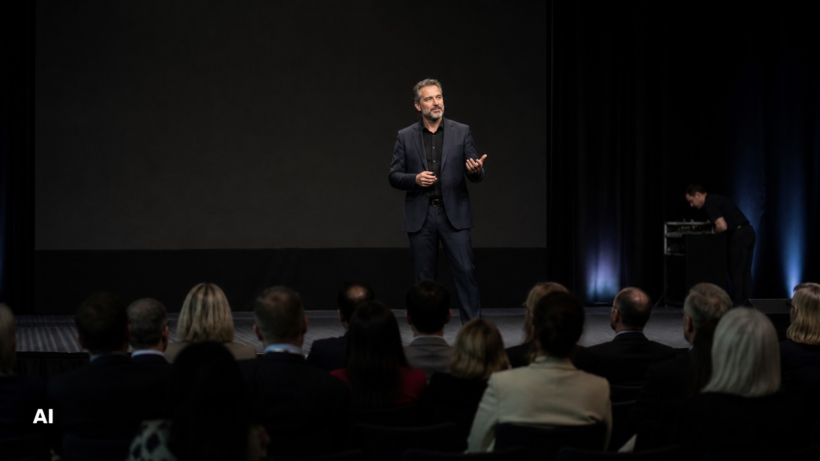 AI-generated image of a keynote speaker continuing on stage while presentation equipment is checked