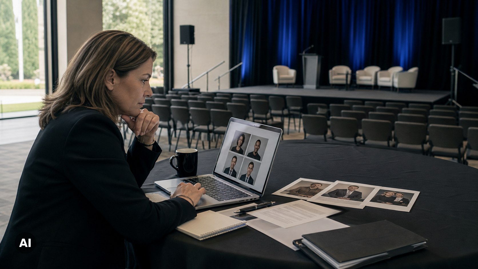 Event planner comparing keynote speakers in an empty conference venue