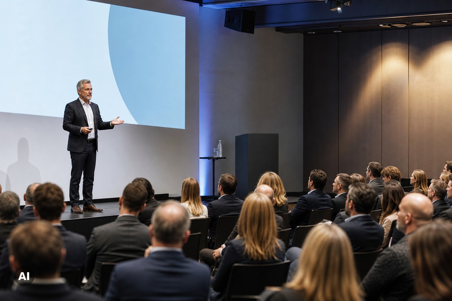 A keynote speaker addresses a seated conference audience