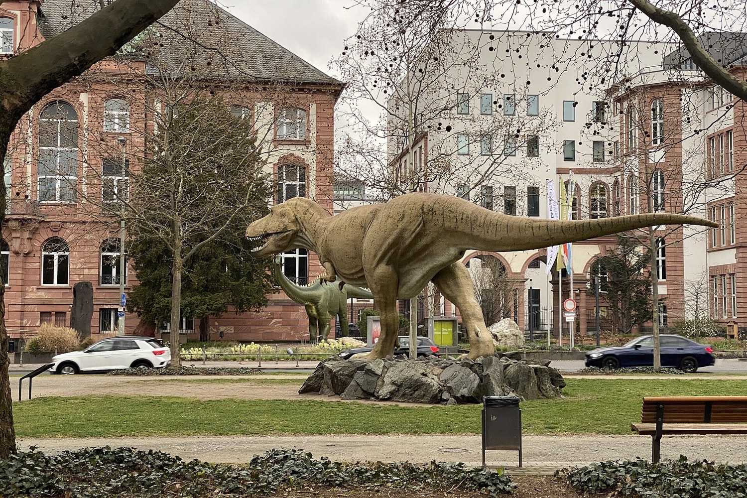 Senckenberg Natural History Museum in Frankfurt with a dinosaur figure outside