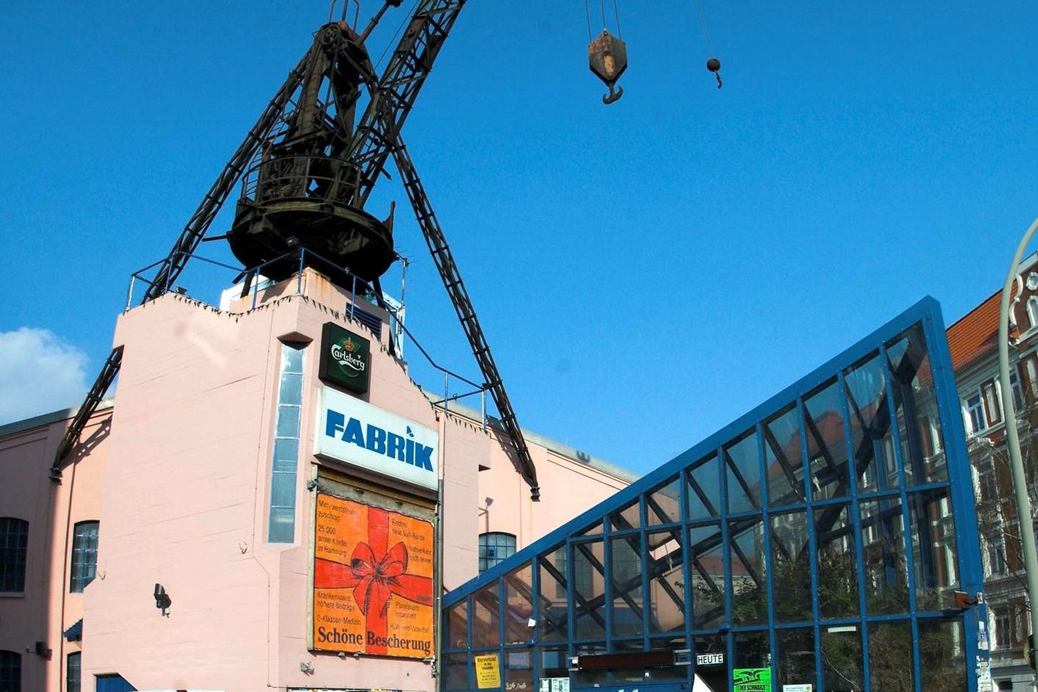 Brick exterior of Fabrik in Hamburg-Altona with its historic crane
