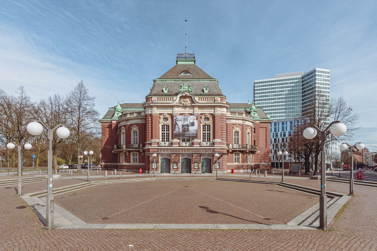 Historic facade of Laeiszhalle at Johannes-Brahms-Platz
