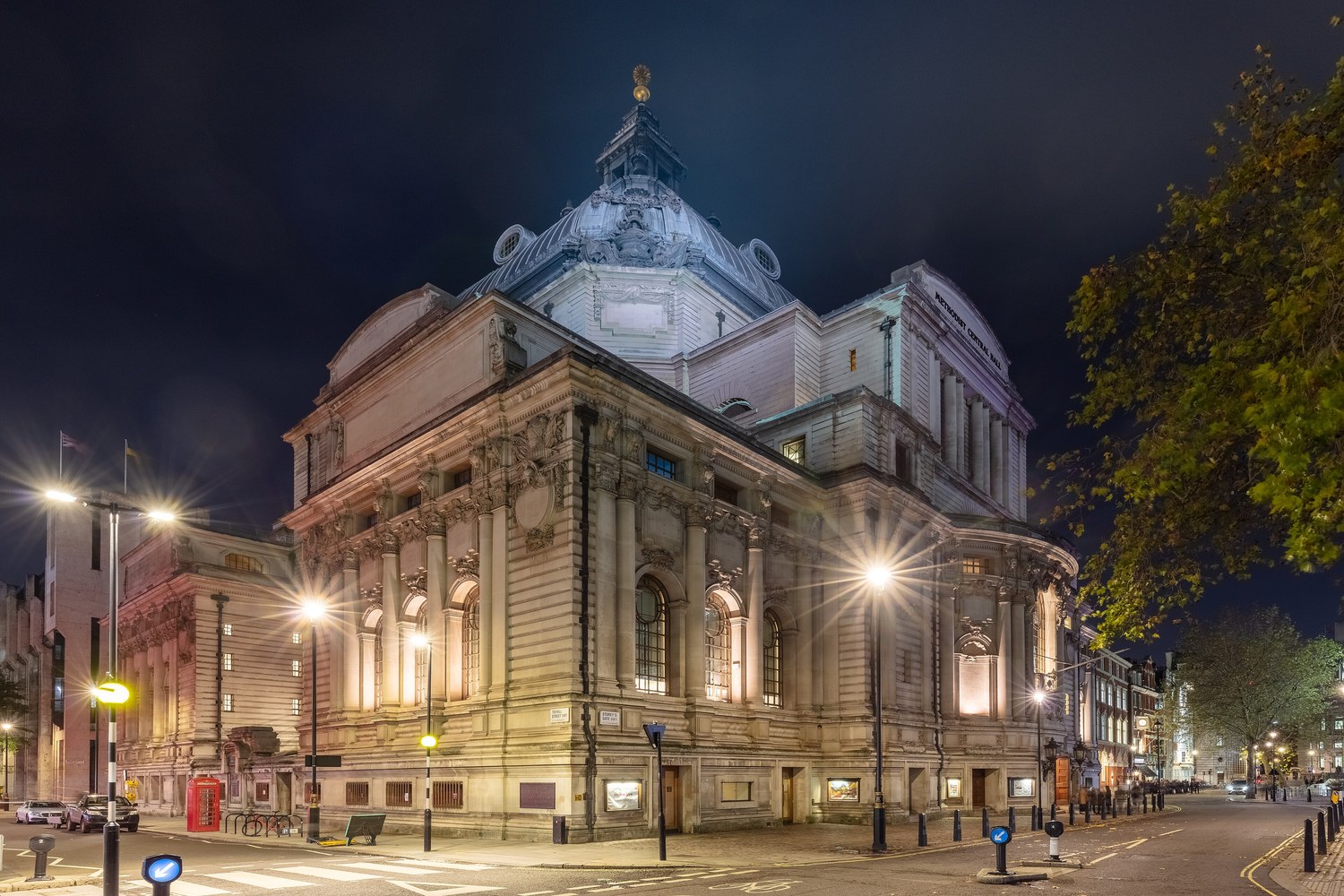 Central Hall Westminster illuminated in the evening