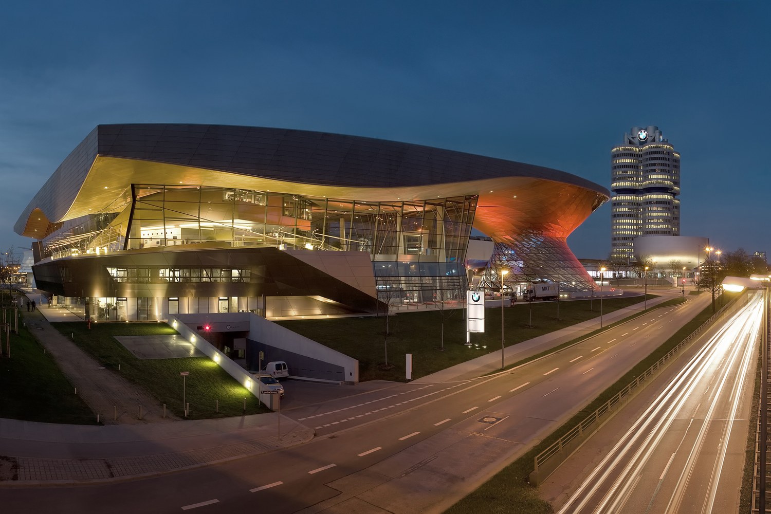 BMW Welt illuminated at night in Munich