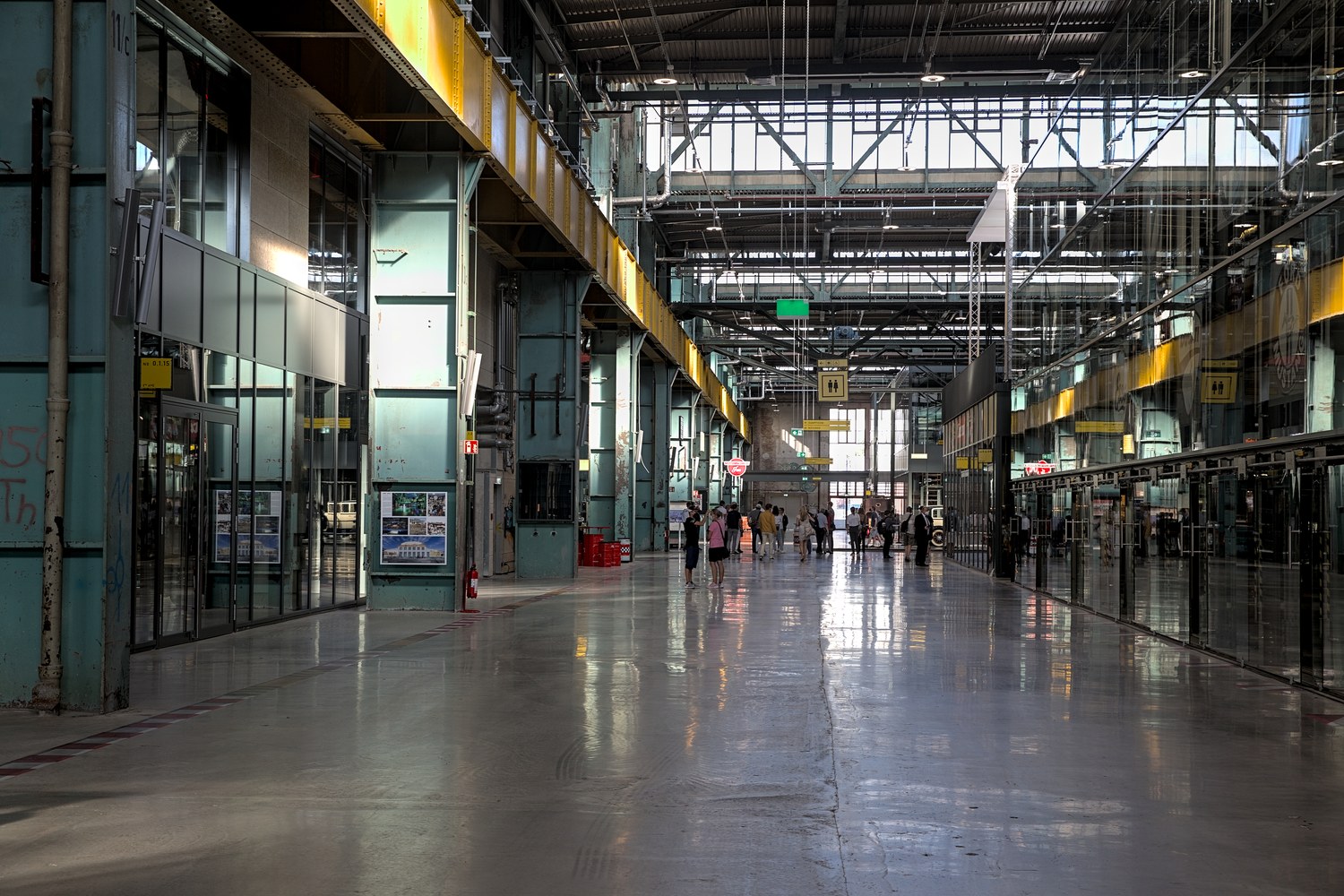 Interior of a historic industrial hall at Motorworld München