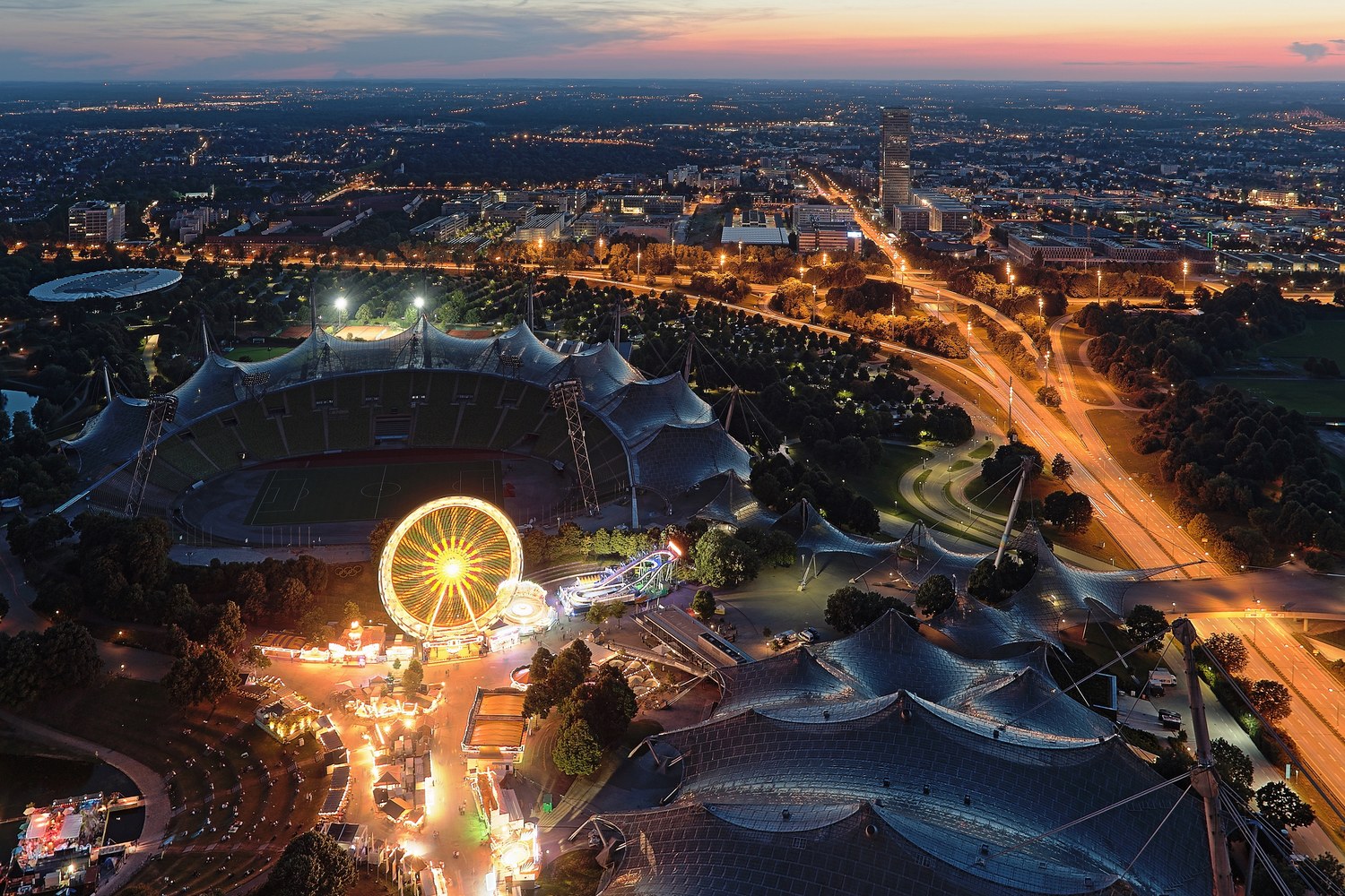 Olympic Stadium Munich at dusk