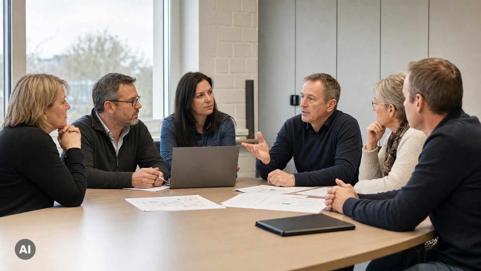 Works council members discussing the use of AI around a meeting table