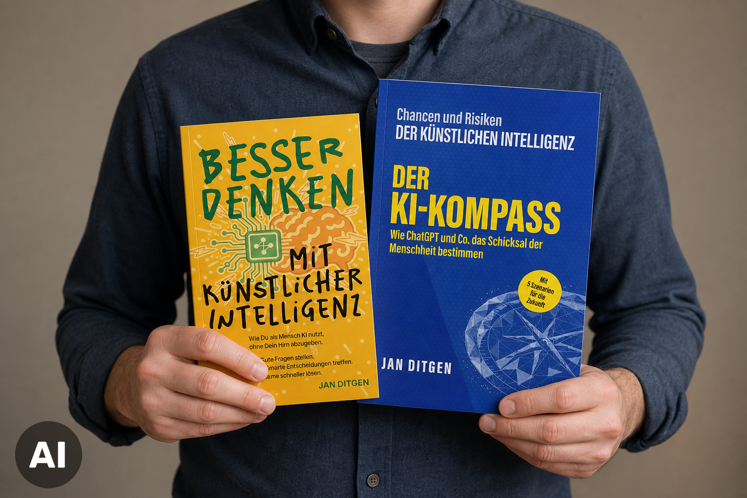Jan Ditgen mit seinen Büchern über Künstliche Intelligenz