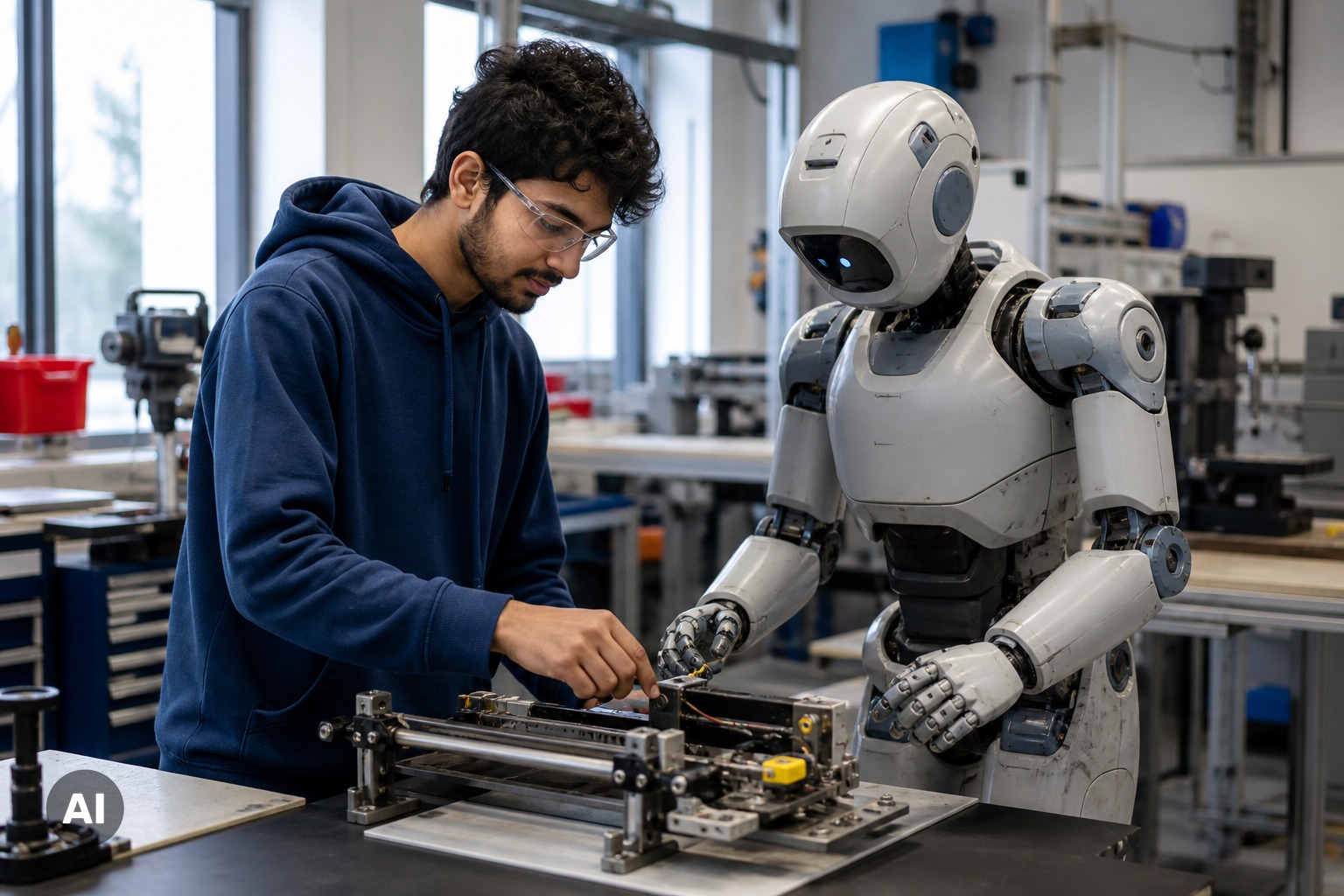 Mitarbeiter im Ingenieurlabor arbeitet mit einem humanoiden Roboter