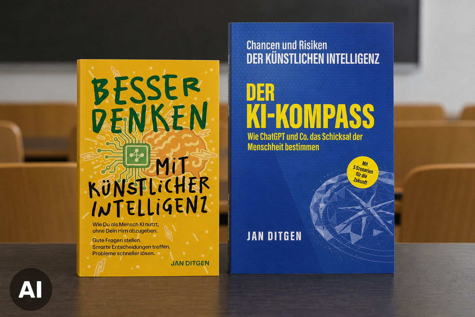 Die KI-Bücher von Jan Ditgen auf einem Tisch