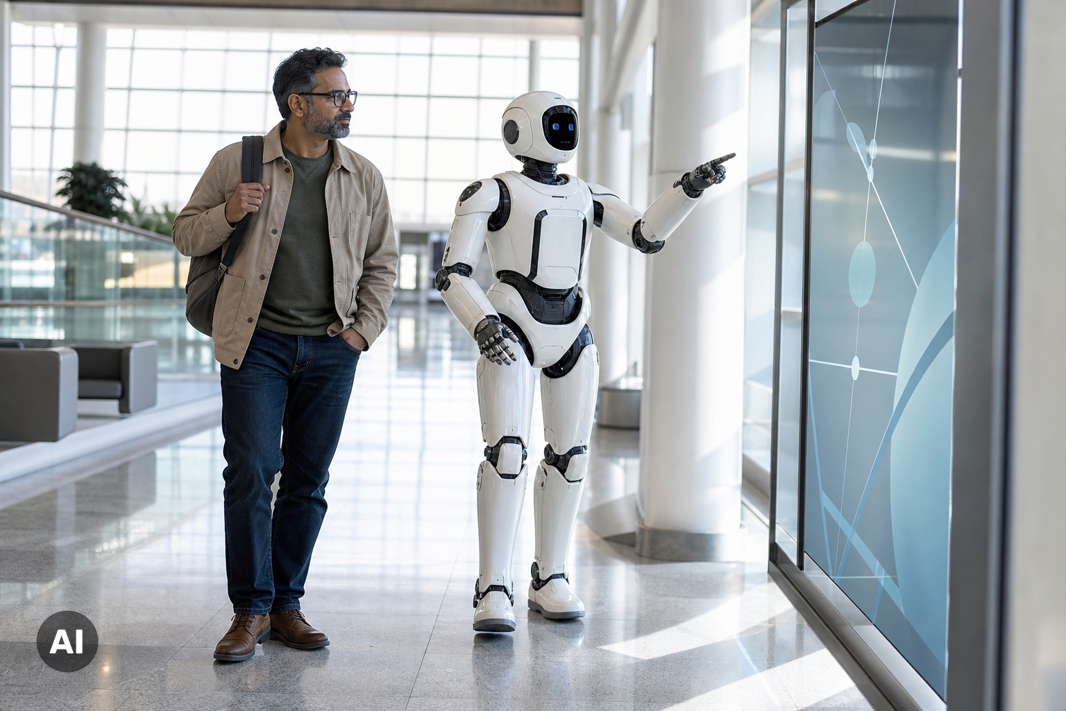 Humanoid robot helping travelers find their way at an airport