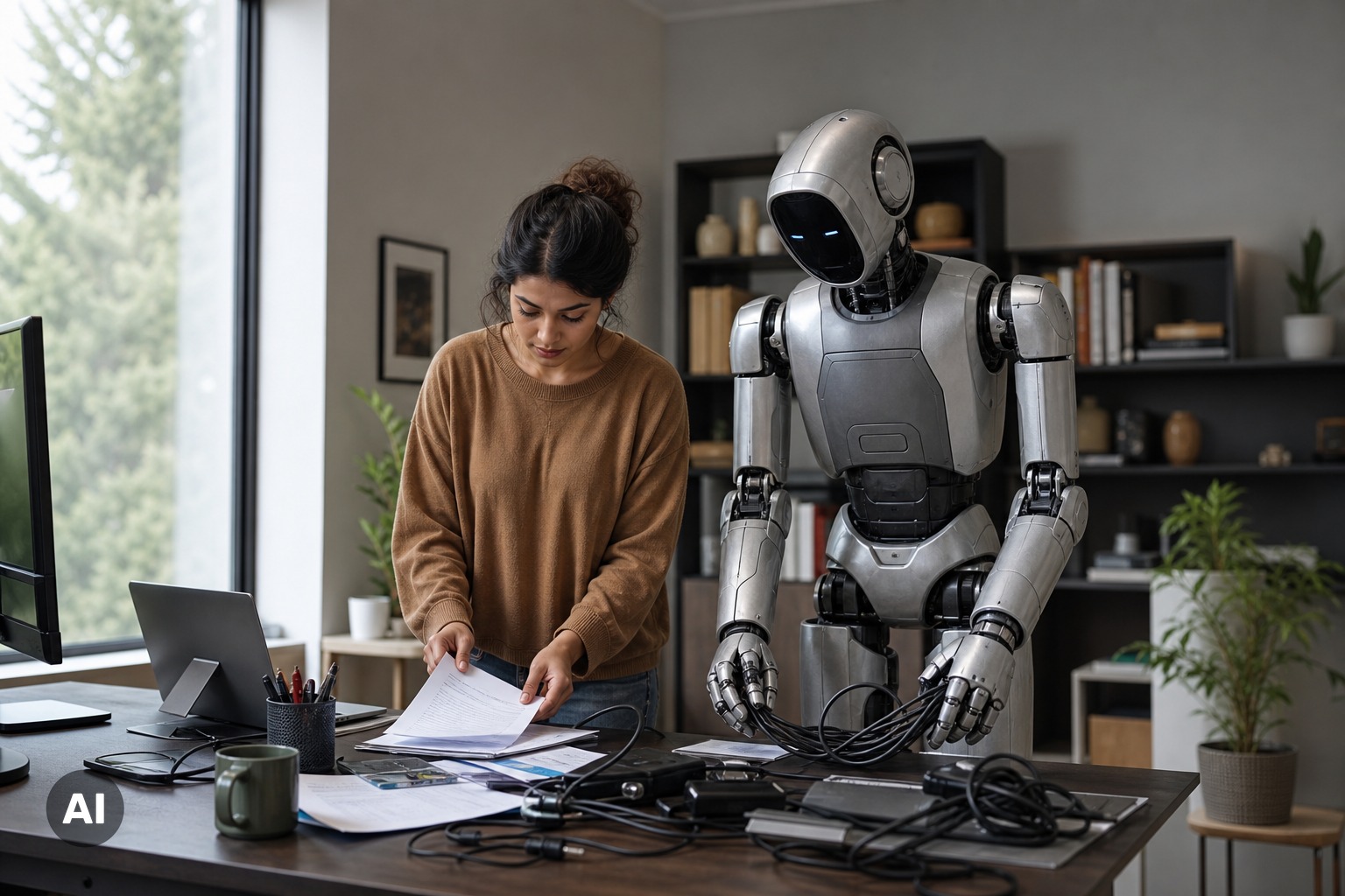 A humanoid robot assisting a person at work