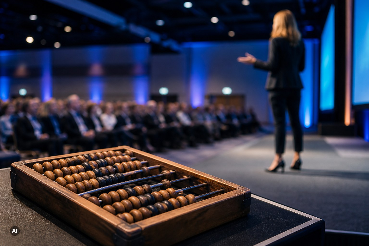 Abacus in front of a keynote stage illustrating speaker fees