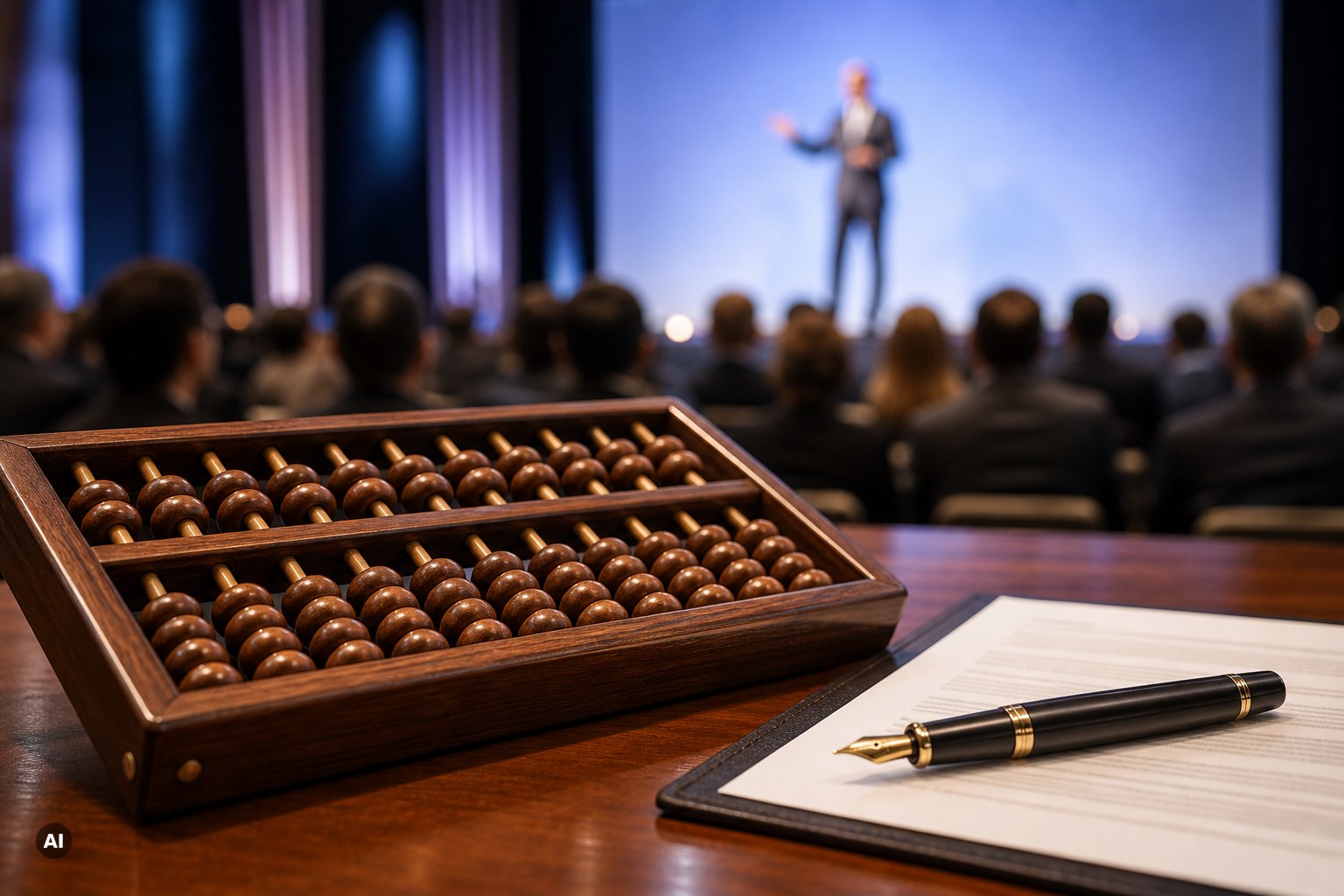 Abacus and contract representing an AI keynote speaker's fee