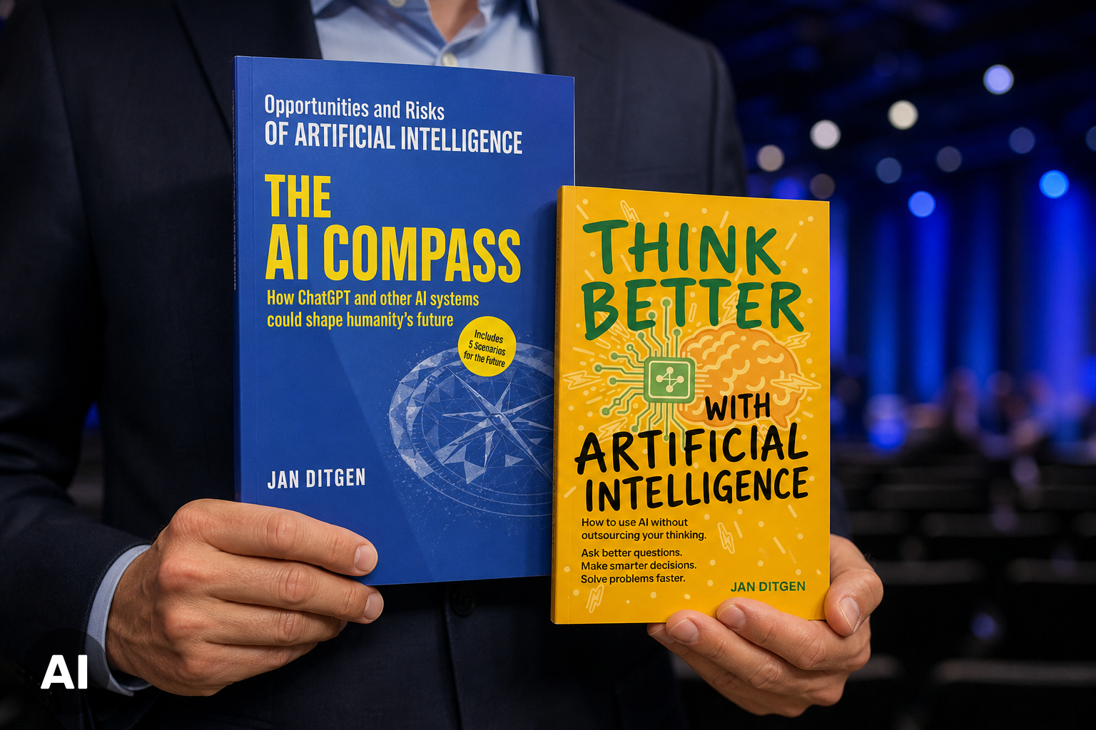 Jan Ditgen holding the English editions of The AI Compass and Think Better with AI
