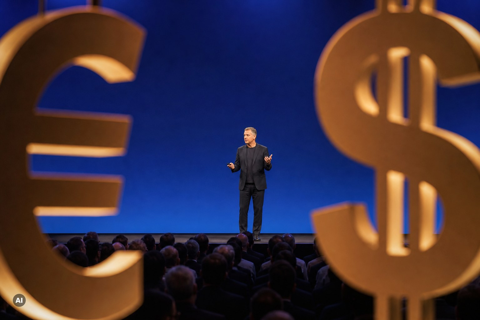 AI keynote speaker Jan Ditgen on stage between euro and dollar symbols
