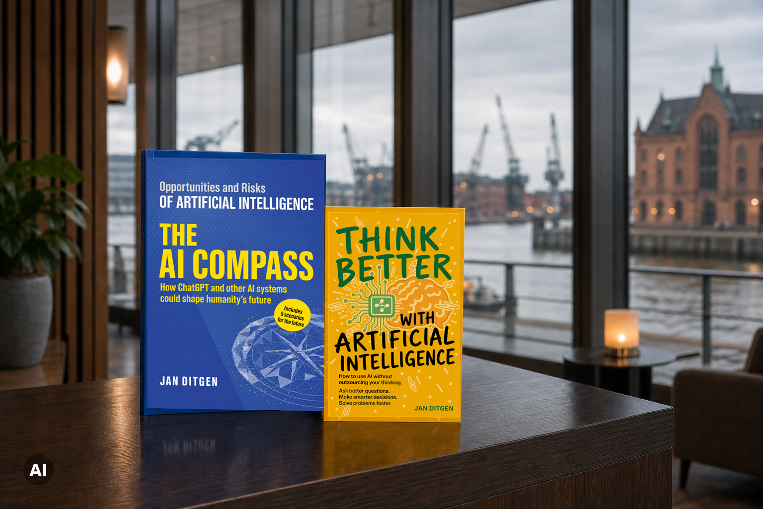 The English books The AI Compass and Think Better with Artificial Intelligence in a Hamburg harbor conference setting