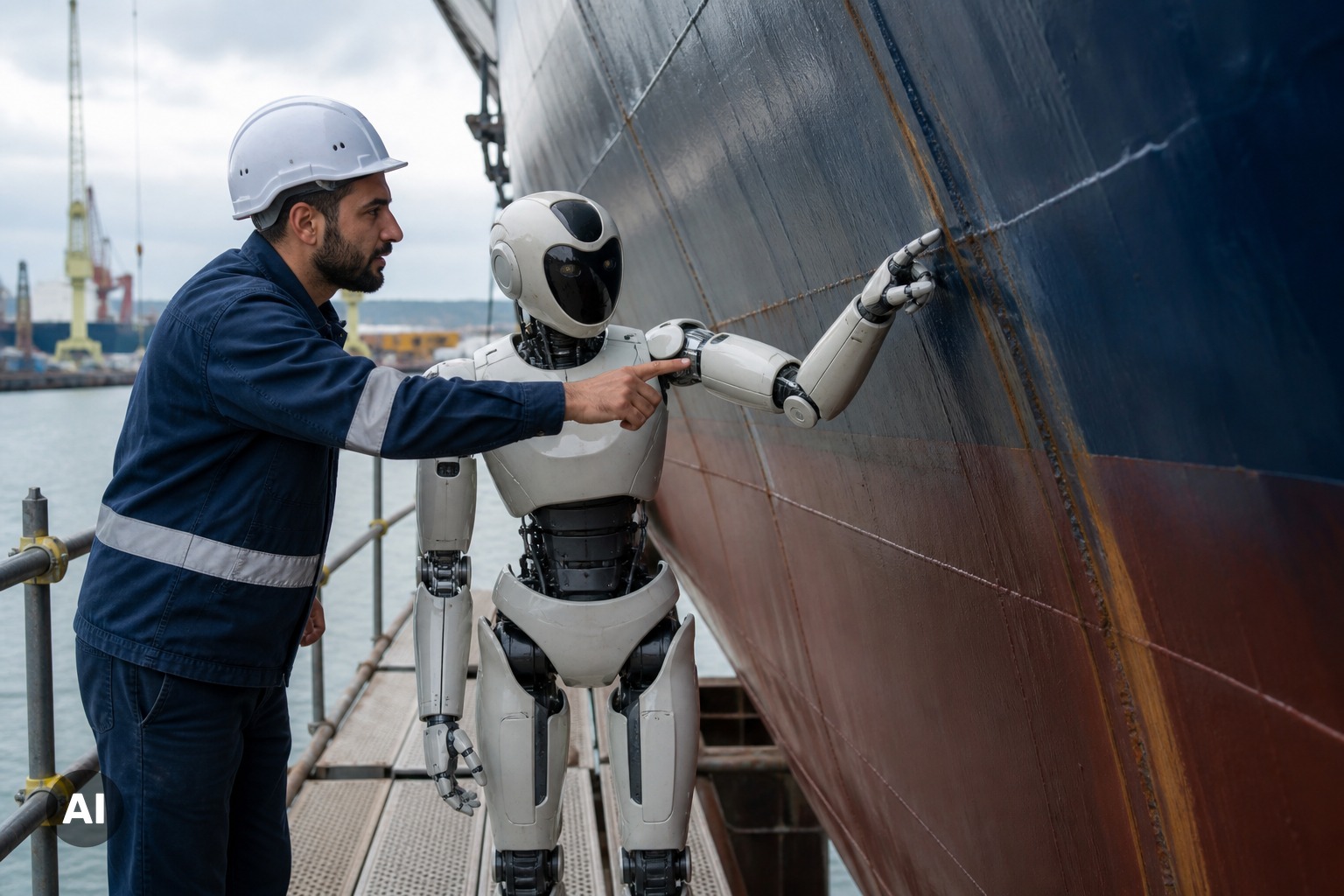 Humanoid robot inspecting a hull in a Hamburg shipyard