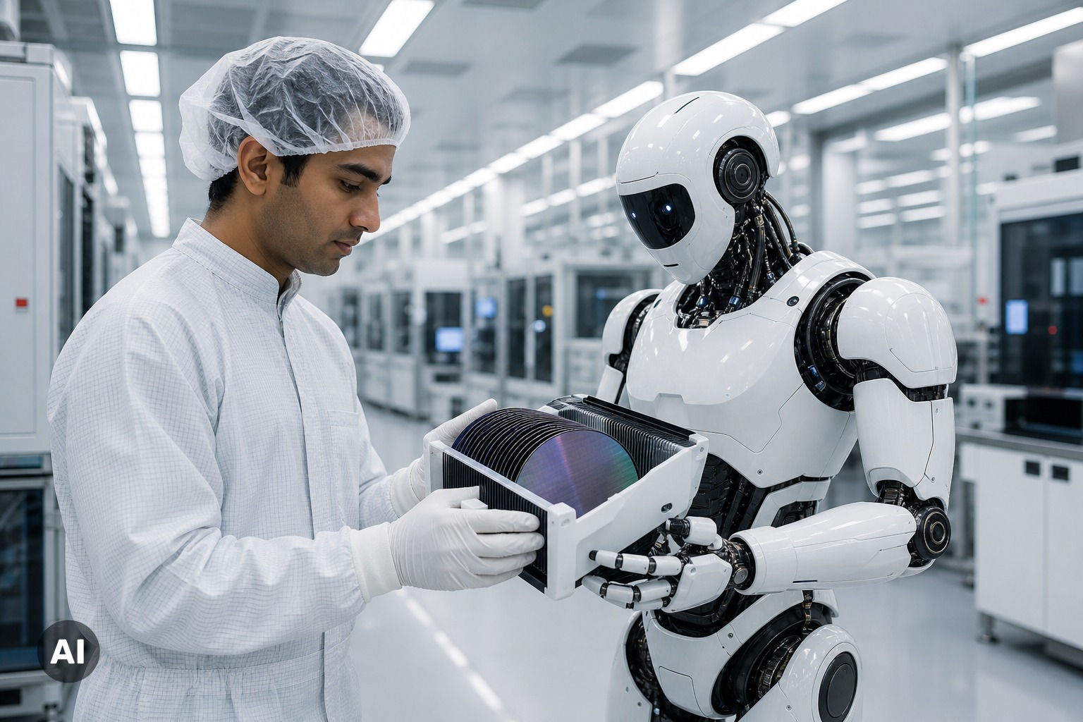 Humanoid robot in a cleanroom, AI-generated illustration Humanoid robot in a cleanroom, AI-generated illustration