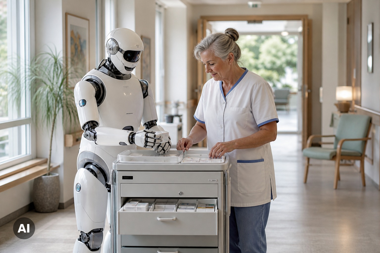 Humanoid robot assisting a care worker beside a medication cart